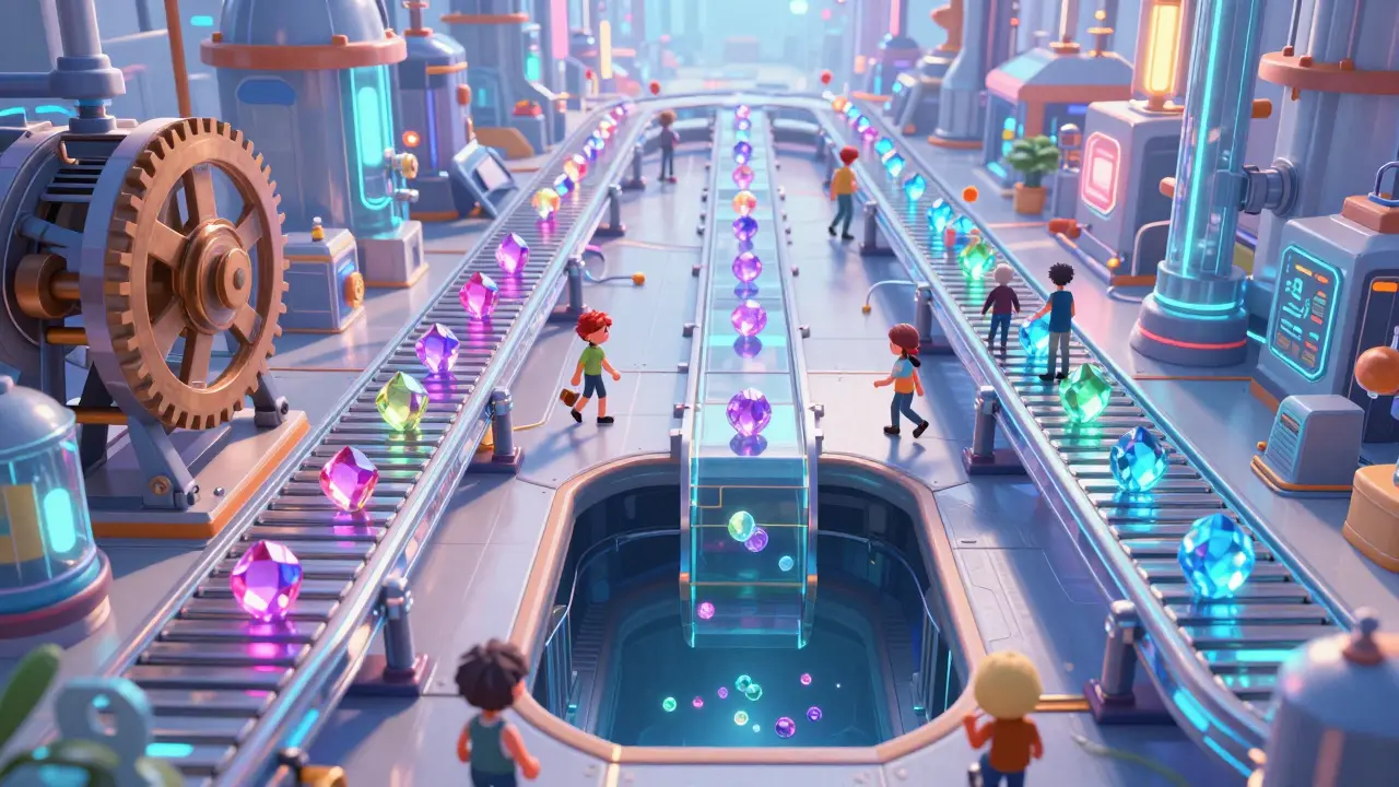 Conveyor belts transport glowing gems into a data chasm for burning.