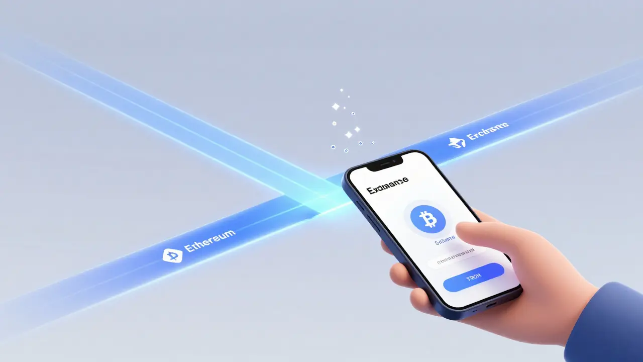 Cross-chain tokens flowing through glowing pathways as a user confirms a trade with no visible fees.