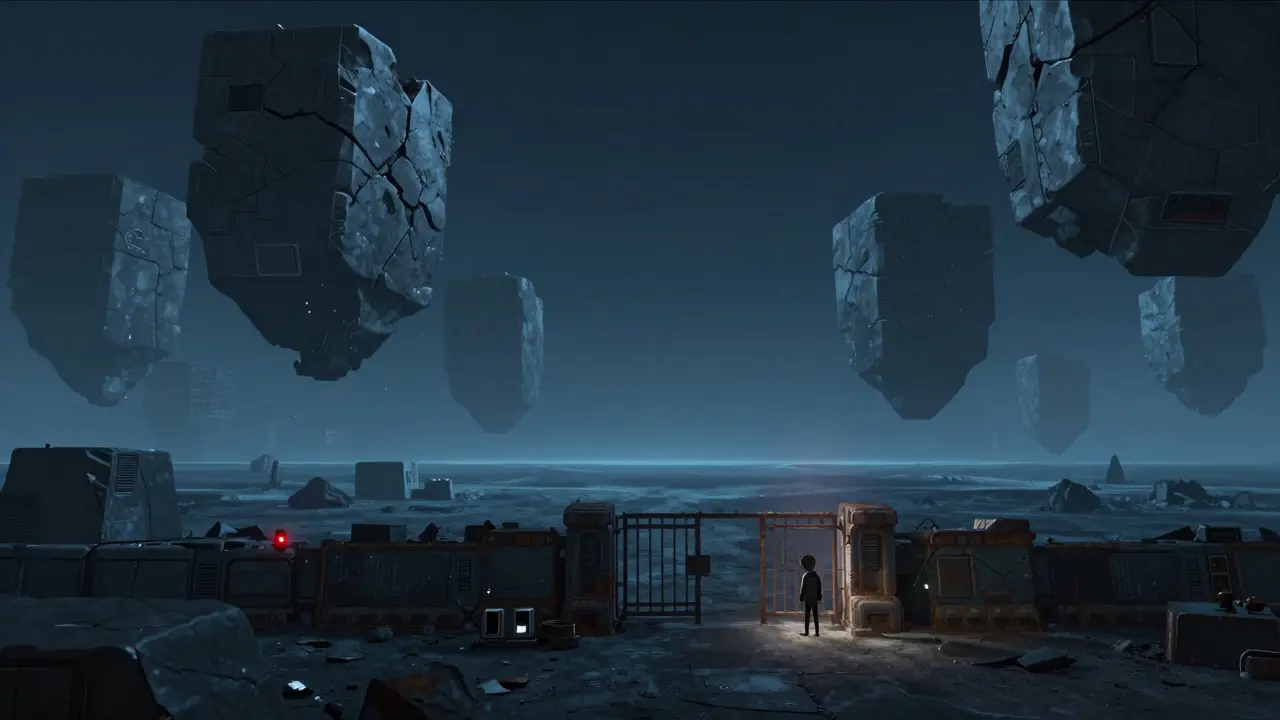 Desolate digital valley with cracked blocks and lonely inspector