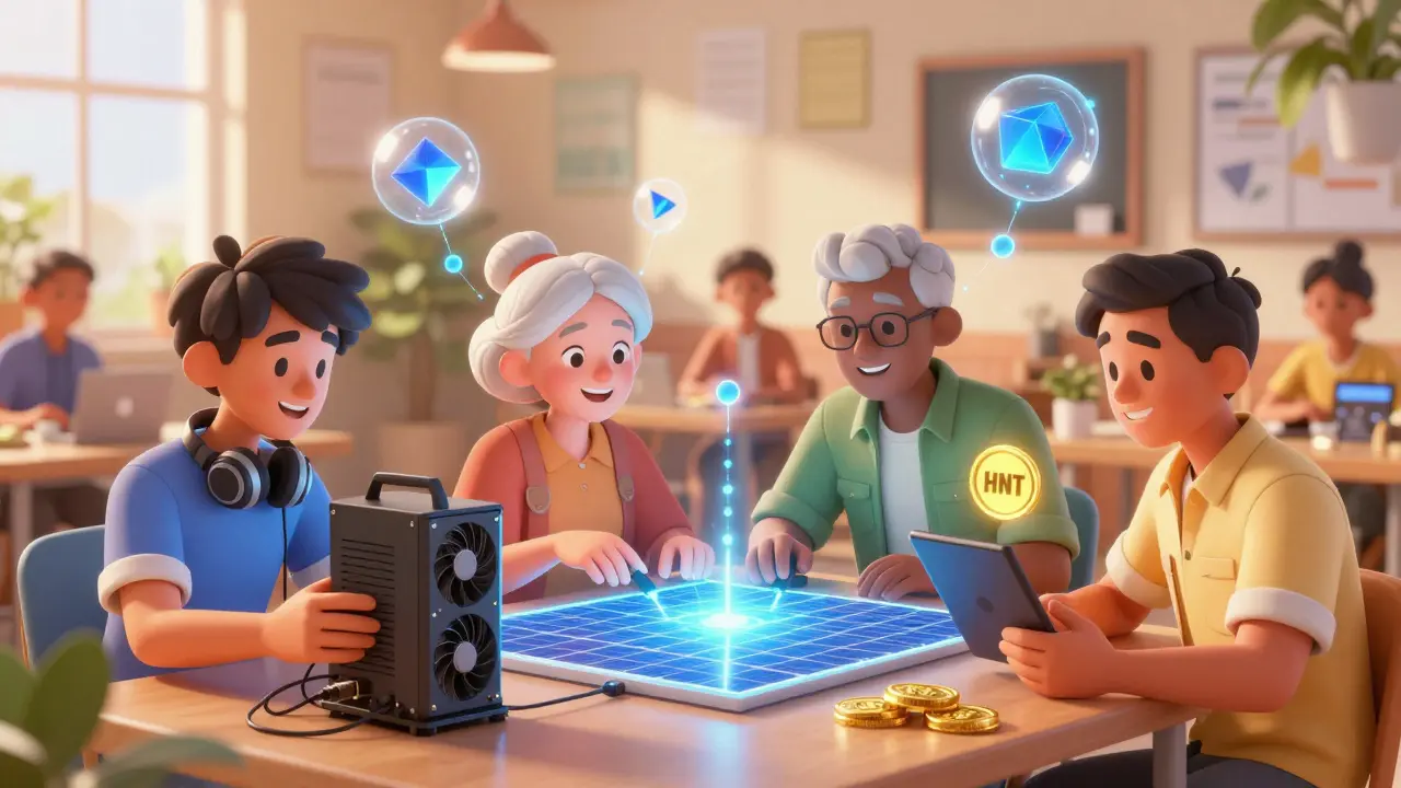 Diverse people contribute hardware to a decentralized network, connected by glowing blockchain orbs.