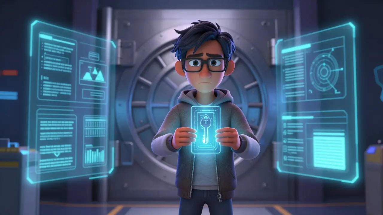 Engineer securing a glowing vault door with digital keys and shields.