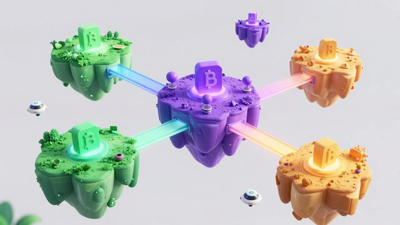 Floating platform islands connected by light bridges representing blockchain