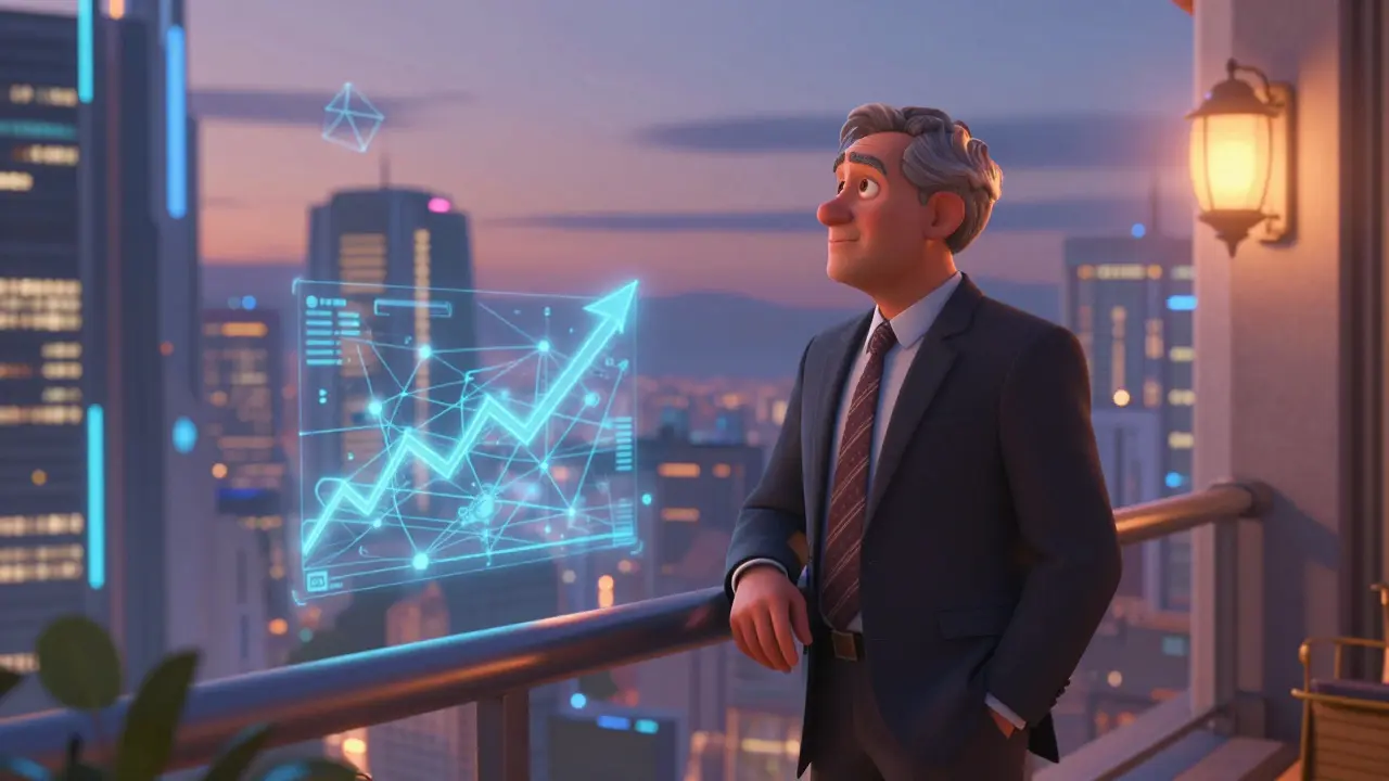 Futuristic investor overlooking a city blended with blockchain tech.