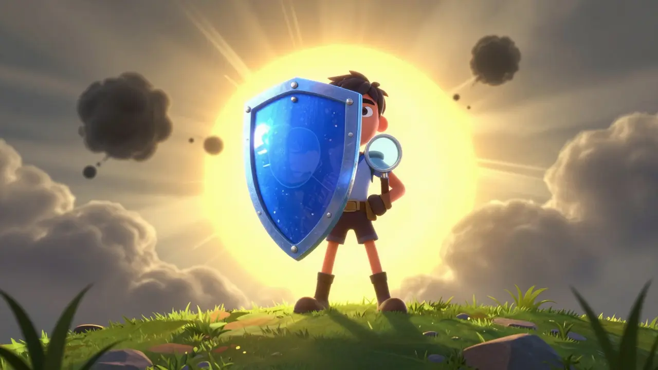 Hero holding light shield blocking dark smoke threats in sun