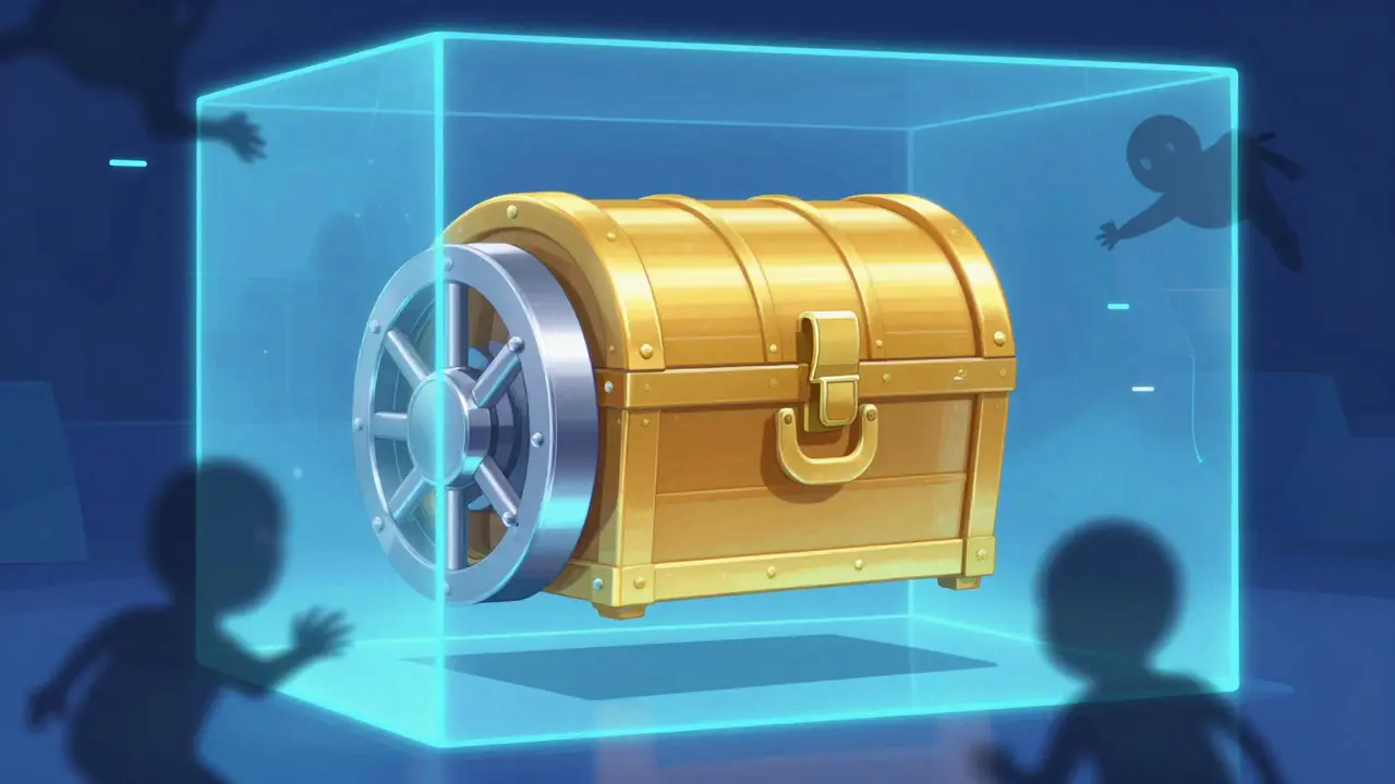 Illustrated treasure chest protected by a blue energy shield against shadowy figures.