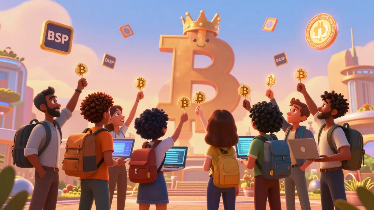 International investors celebrating with Bitcoin symbols in the air, beside a crowned Bitcoin statue and floating regulatory badges in El Salvador.