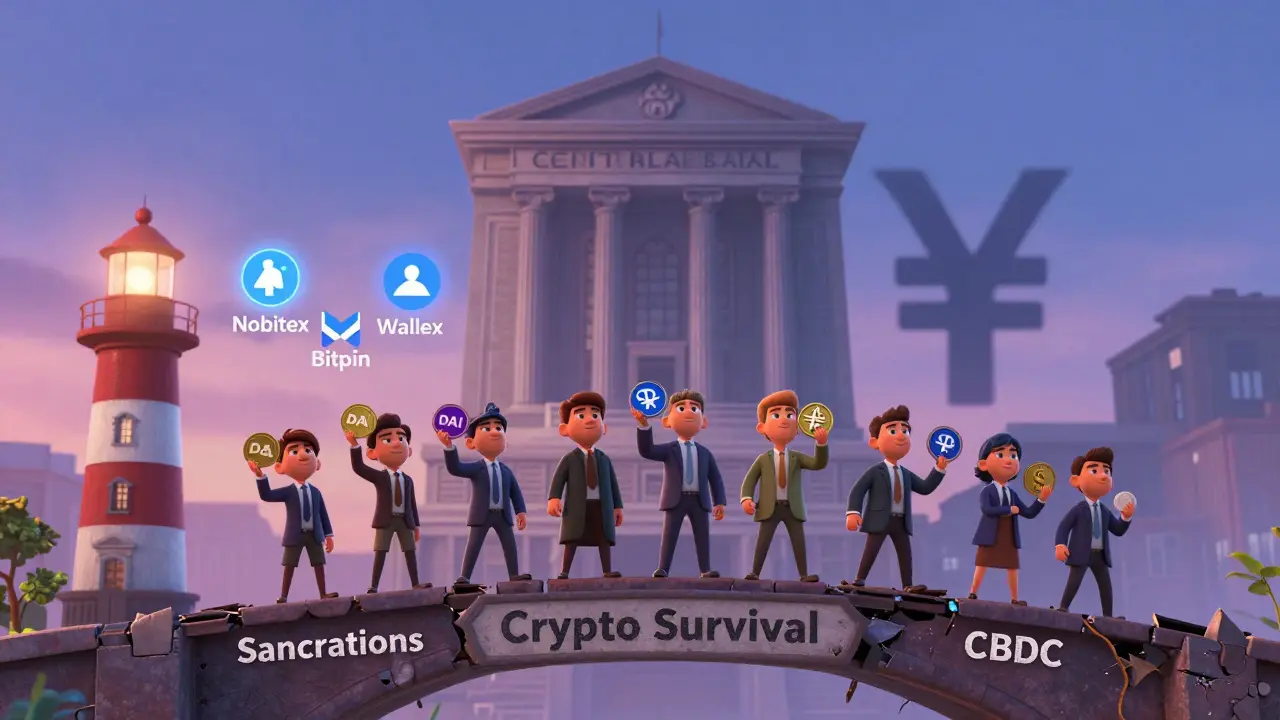 Small business owners cross a bridge from crypto to a government digital currency under a looming bank tower.