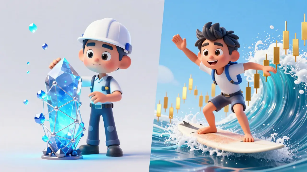 Split scene of building value versus riding market momentum waves.