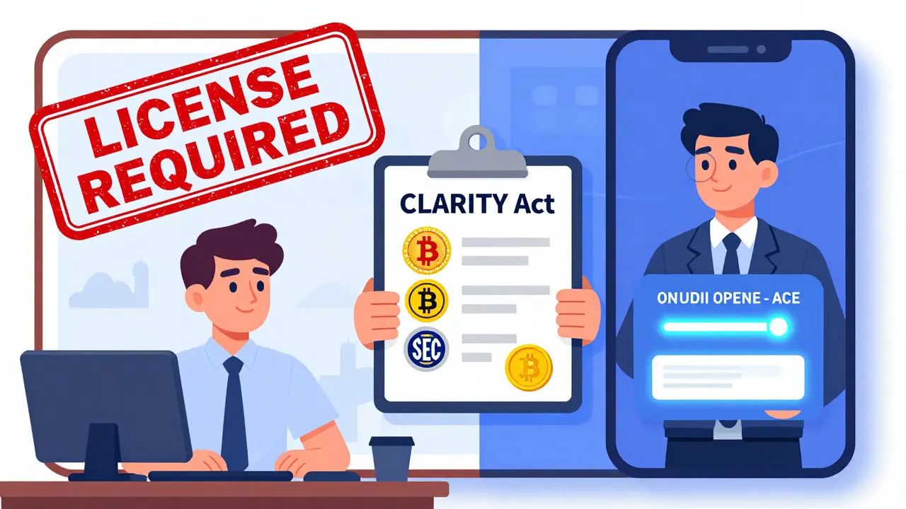 Split-screen crypto platform showing compliance requirements across Singapore, EU, and U.S.