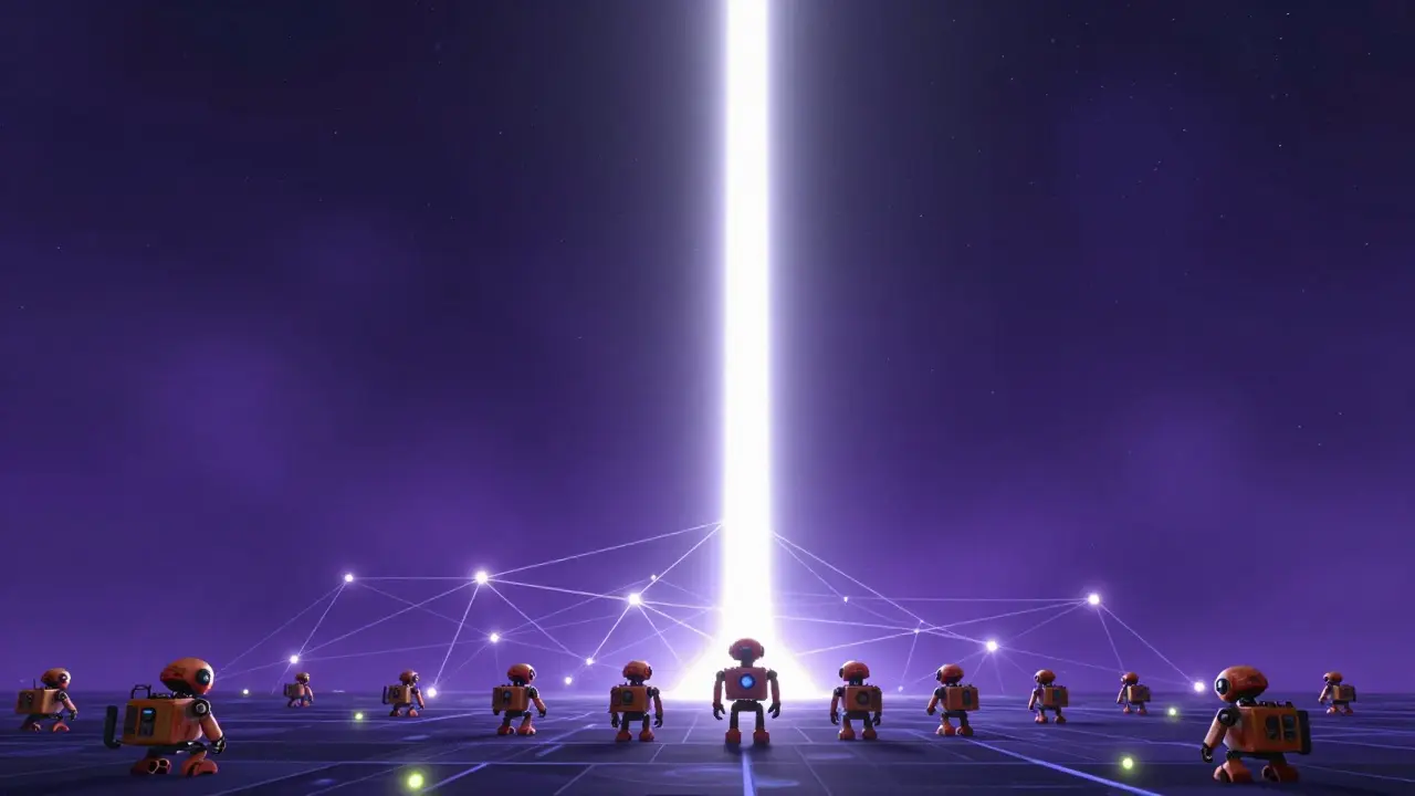 Tiny miners looking at a massive beam of network power light.