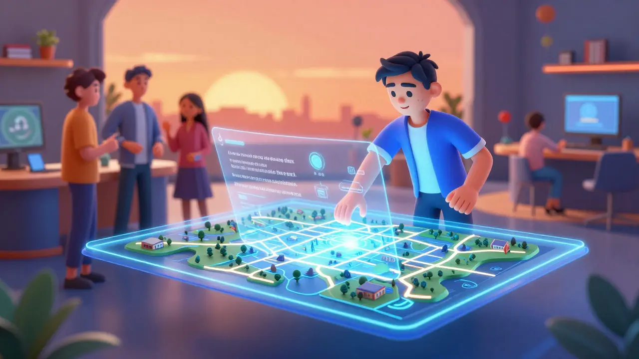 A 3D character interacting with a holographic map to acquire virtual real estate.