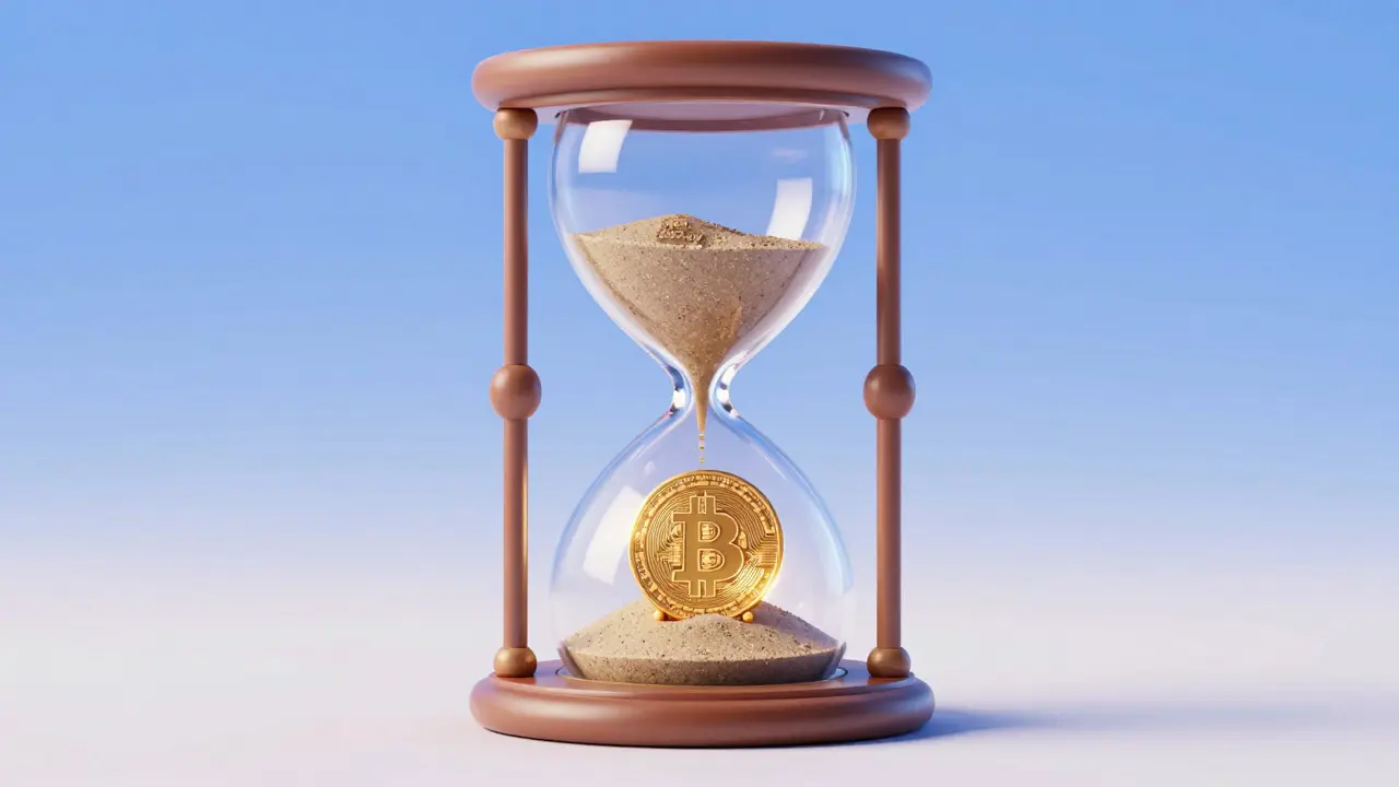A Bitcoin inside a glowing hourglass symbolizing the 365-day holding period
