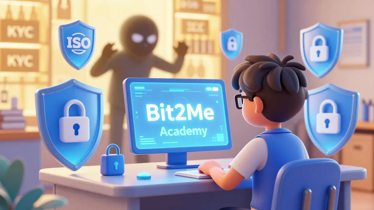 A character studying digital security and crypto education in a Pixar-style room.