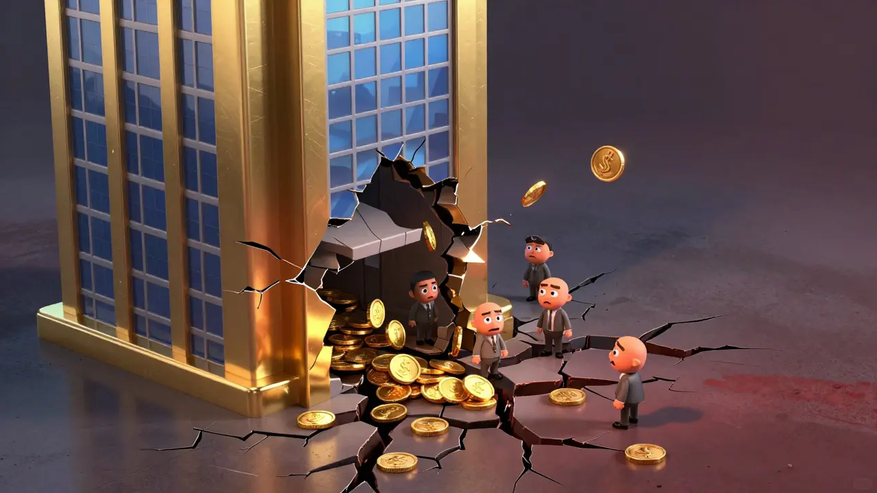 A corporate building cracking to reveal a crumbling interior with falling coins in Pixar style.