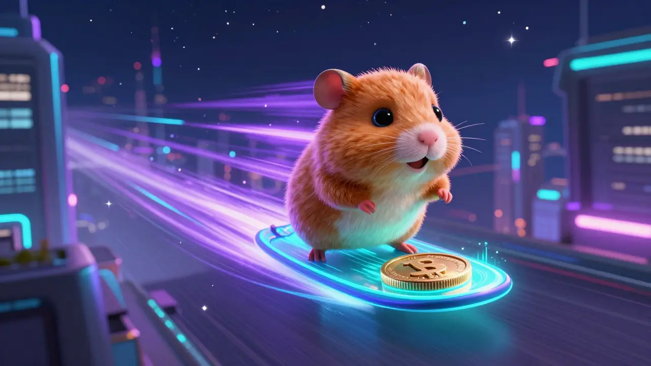 A friendly hamster surfing on a digital coin through a neon futuristic Solana city.
