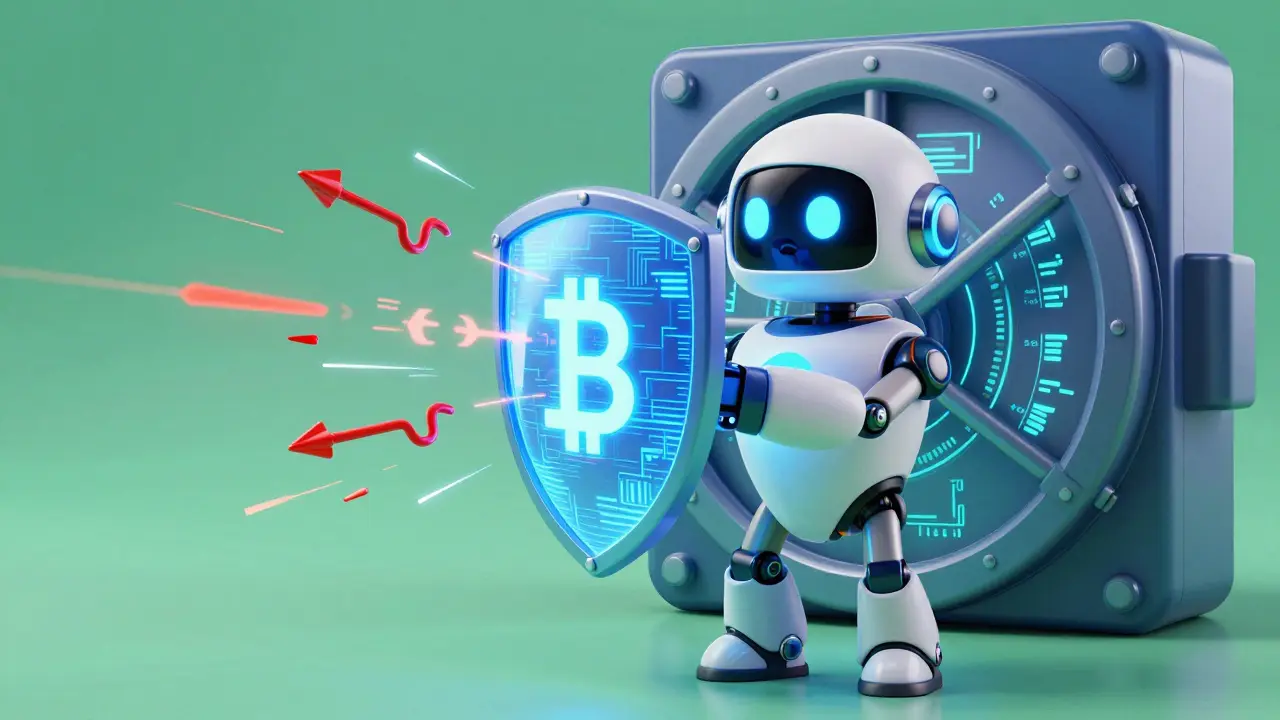 A friendly robot guarding a digital wallet from red phishing hooks