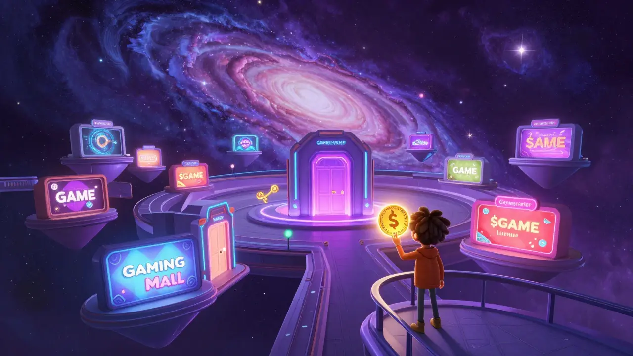 A futuristic digital mall with neon game stores in a cosmic setting.