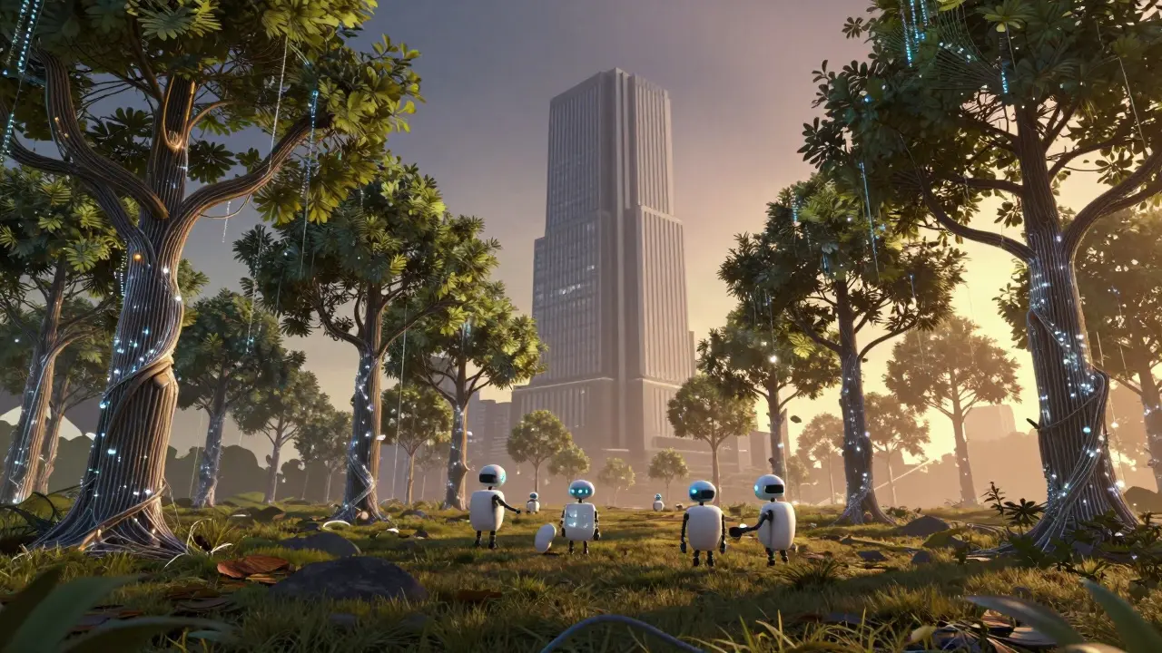 A futuristic fiber-optic forest contrasting with a grey corporate skyscraper.