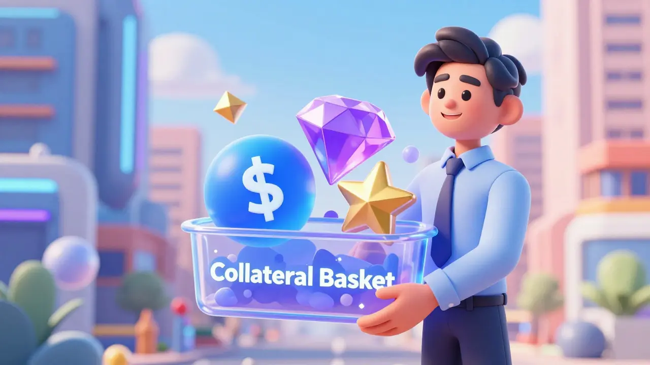 A futuristic transparent basket containing diverse glowing digital assets.