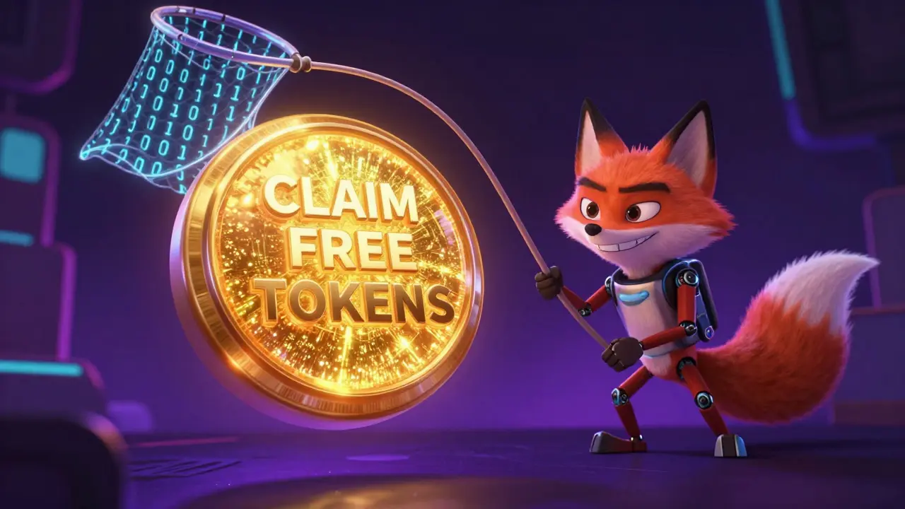 A glowing claim button in a dark digital void with a sneaky robot fox waiting in ambush