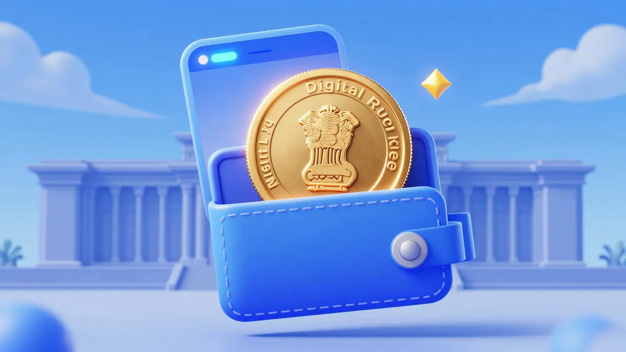 A glowing official Digital Rupee coin inside a futuristic digital wallet
