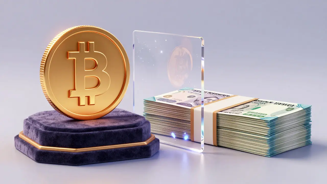 A golden Bitcoin coin separated from Indian Rupees by a transparent wall