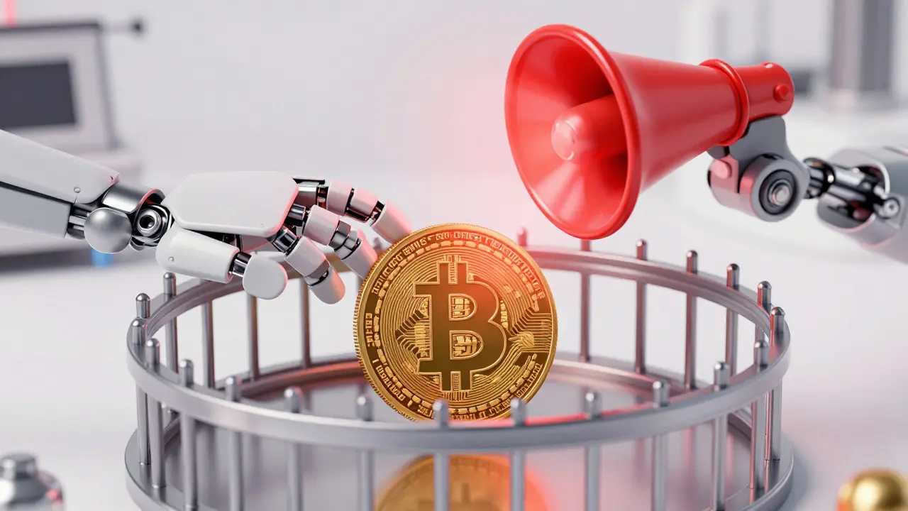 A golden Bitcoin inside a high-tech cage with a flashing red warning siren.