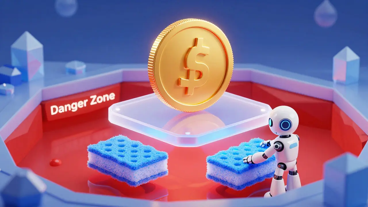 A golden coin being buffered by blue sponges to stay above a red danger zone.