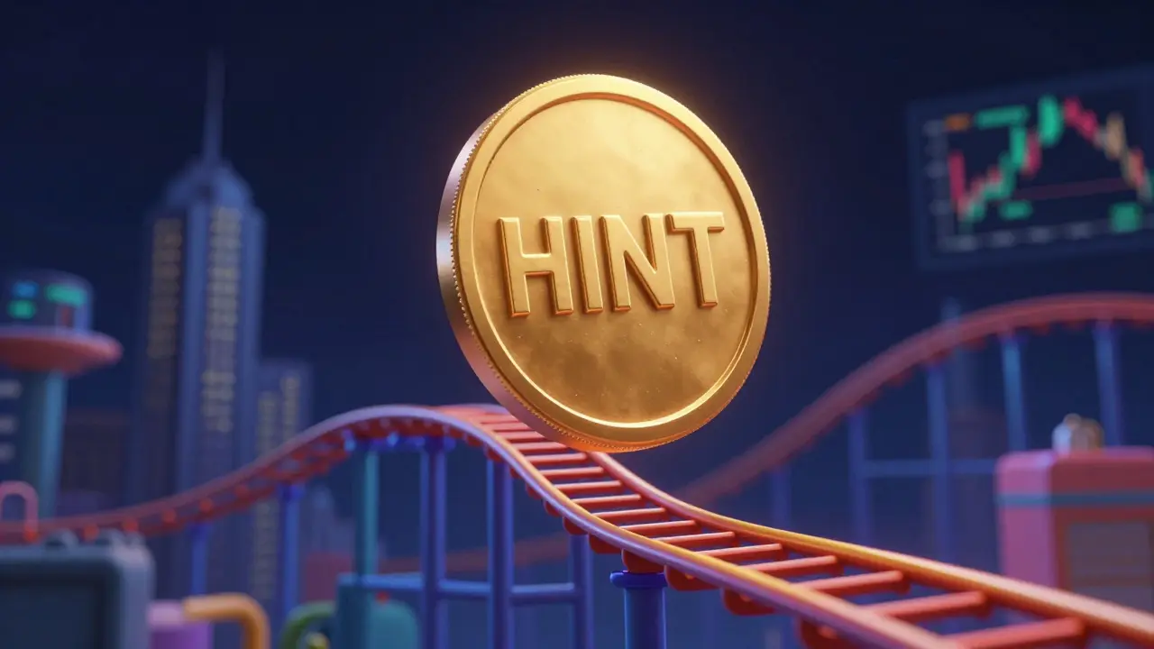 A golden HINT token on a descending roller-coaster track representing market volatility in Pixar style.