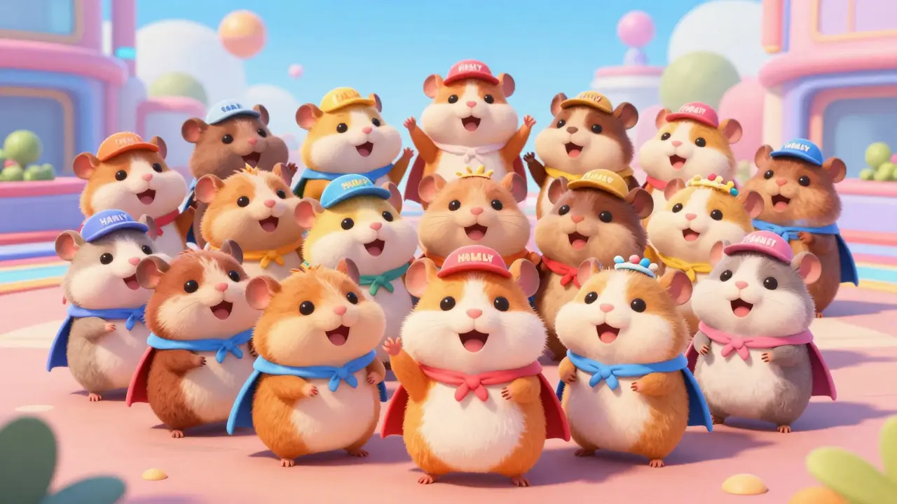 A group of cheerful 3D hamsters celebrating together as a community.