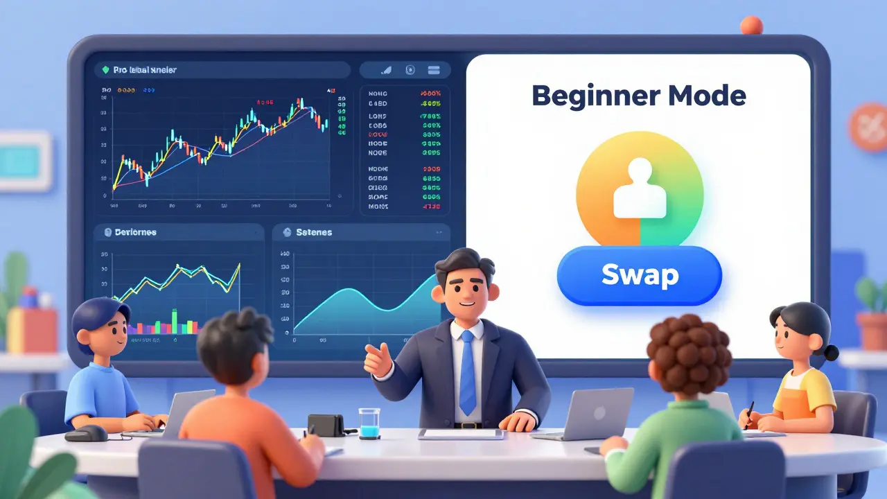 A high-tech trading hub showing both professional charts and a simple beginner interface