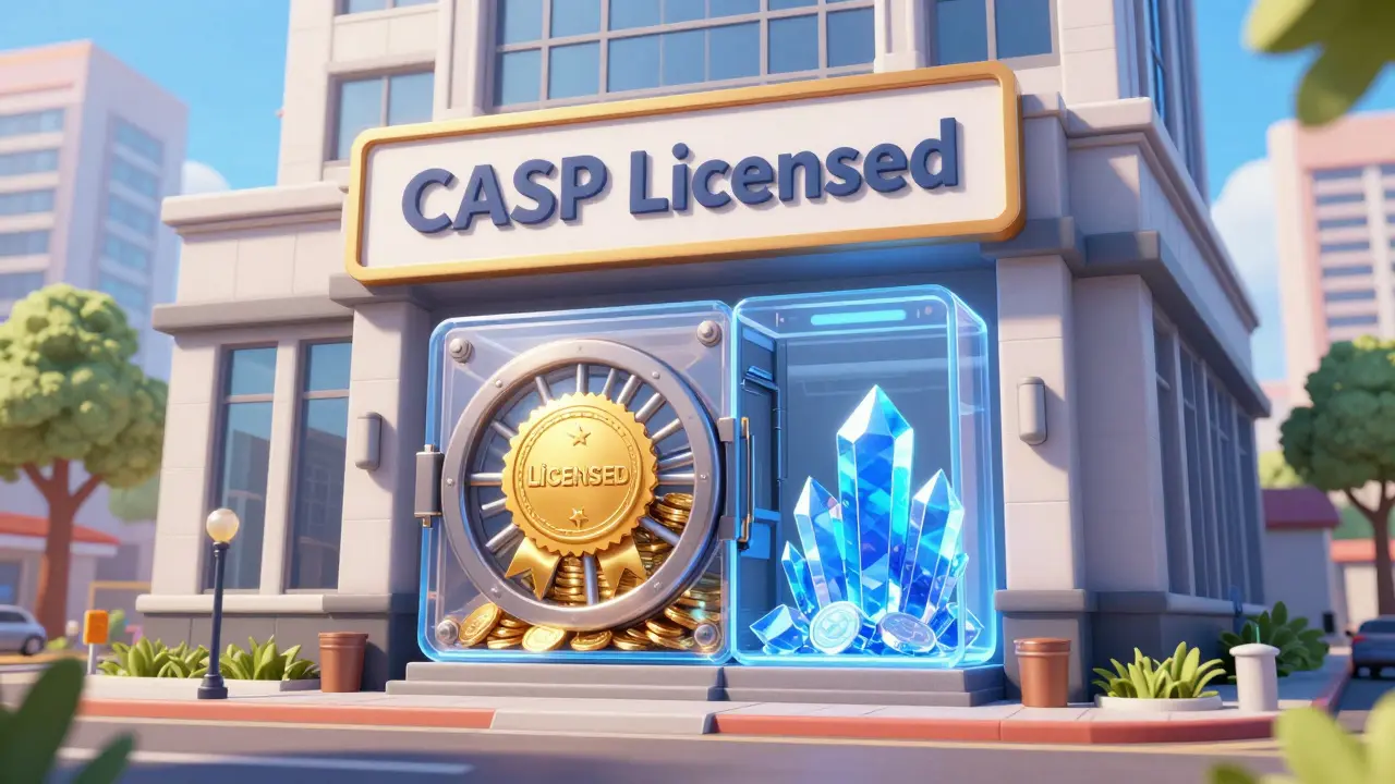 A licensed CASP office with a digital vault showing segregated company and customer funds.