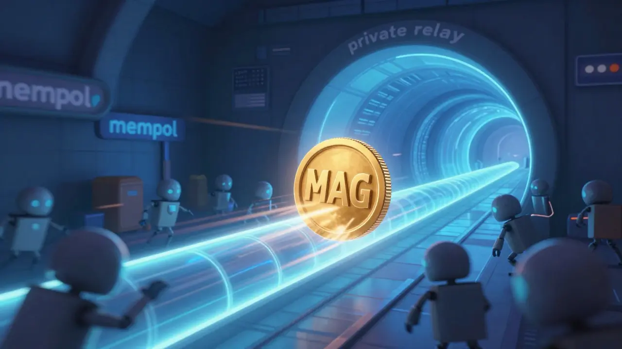 A MAG coin zooming through a glowing blue private data tunnel to avoid other bots