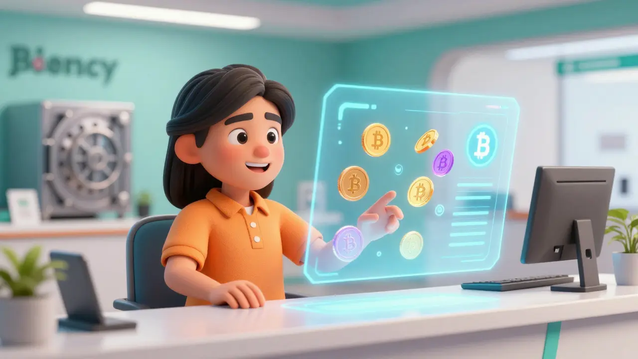 A person using a holographic interface to transfer crypto assets at a modern bank.