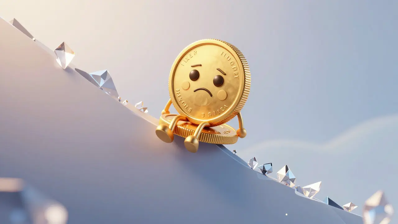 A sad gold coin sliding down a crystalline price chart slope.