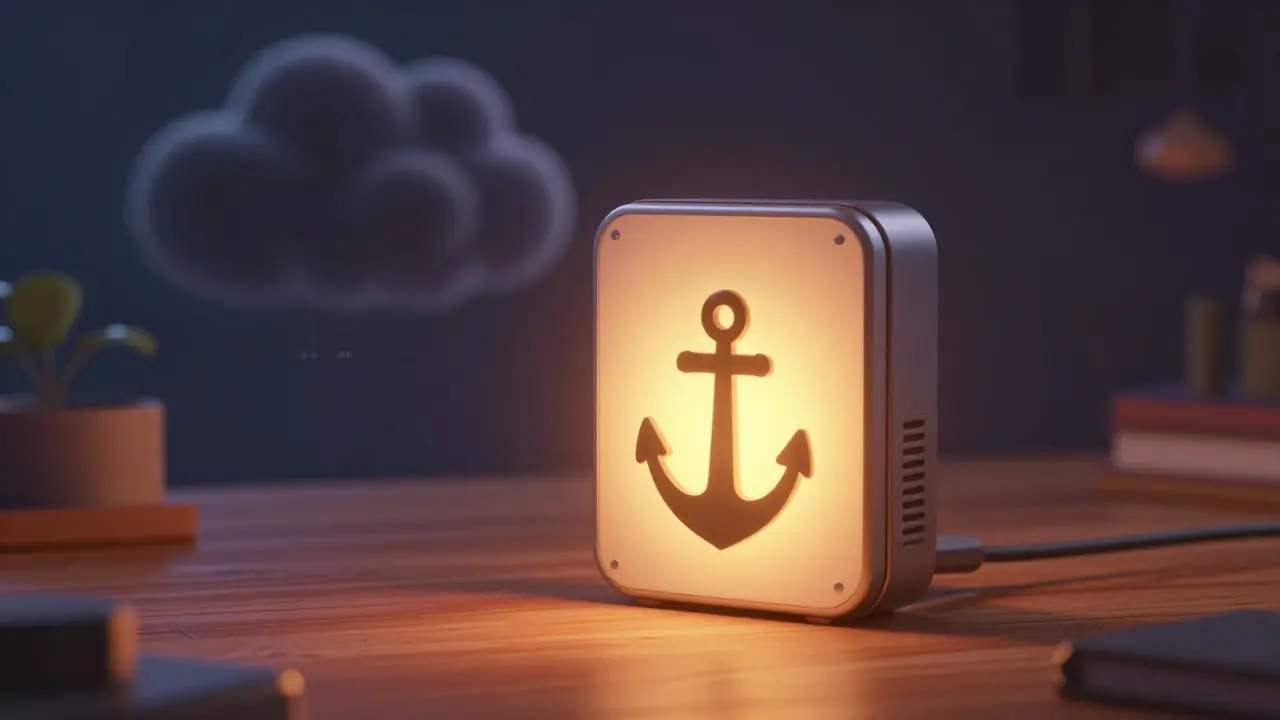 A secure hardware cold wallet glowing with warm light on a desk in Pixar style.