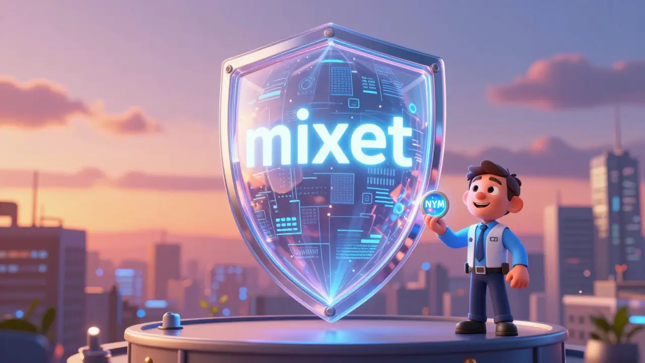 A shimmering iridescent shield protecting a digital city, representing the Nym mixnet privacy.