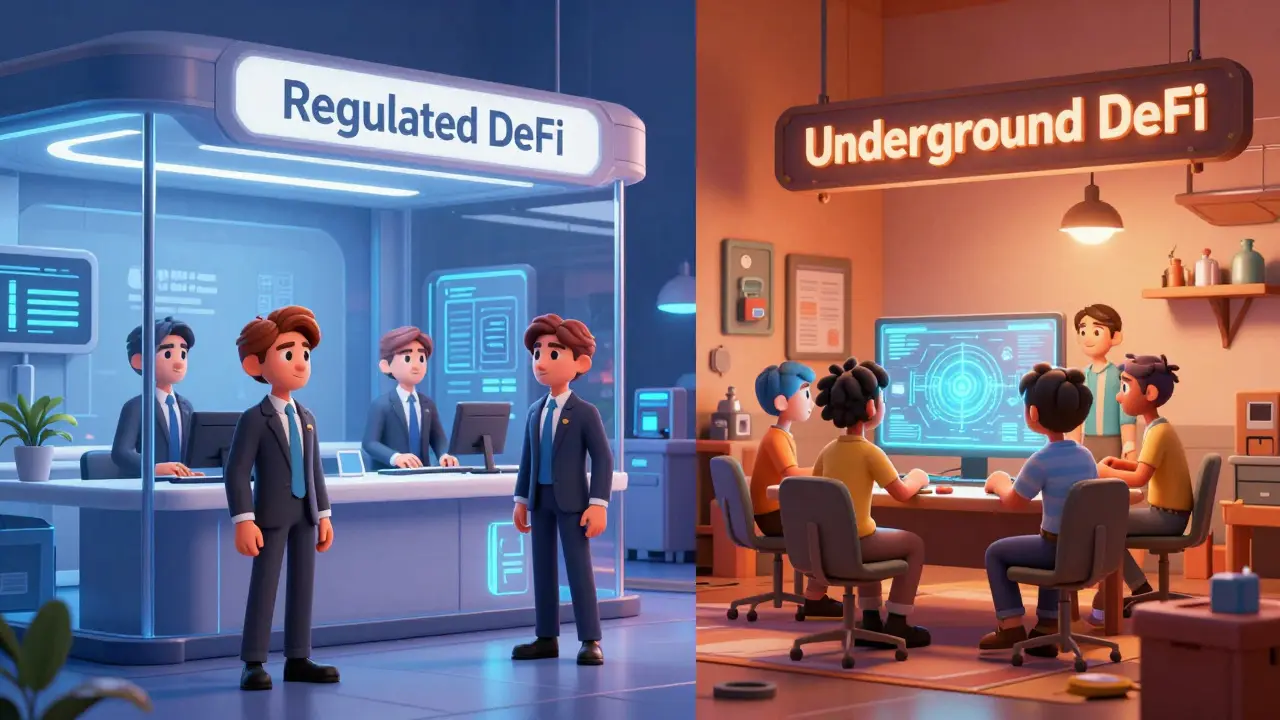 A split view showing a corporate regulated DeFi office and a small underground DeFi workshop.