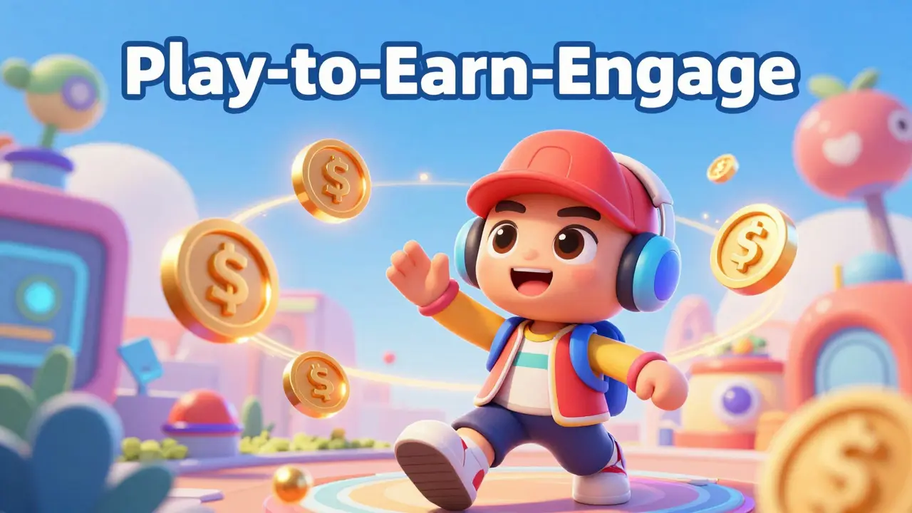 A stylized gamer interacting with holographic tokens in a colorful 3D world.