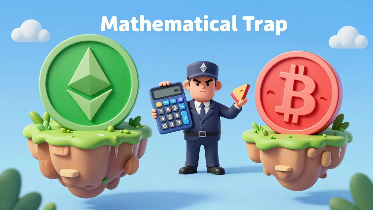 A tax collector ignoring a Bitcoin loss to tax an Ethereum gain in a conceptual scene.