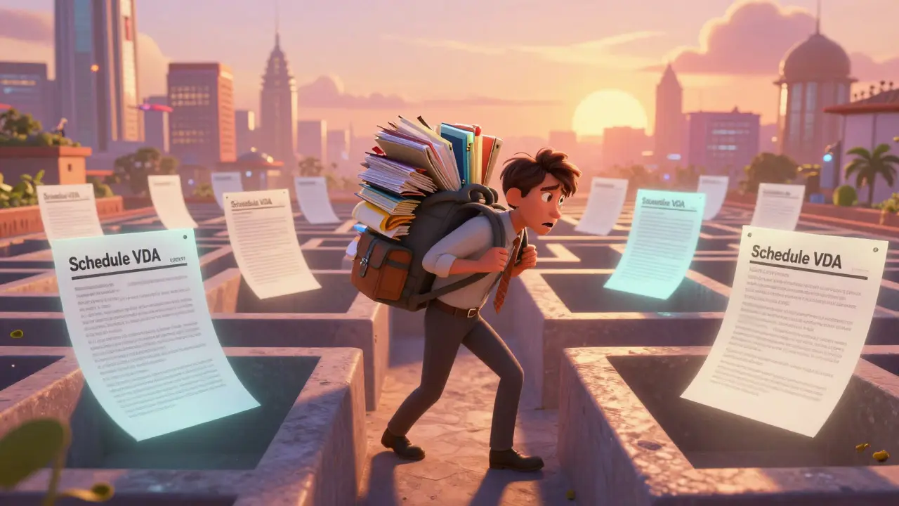 A trader navigating a maze of digital tax forms and spreadsheets in a futuristic setting.