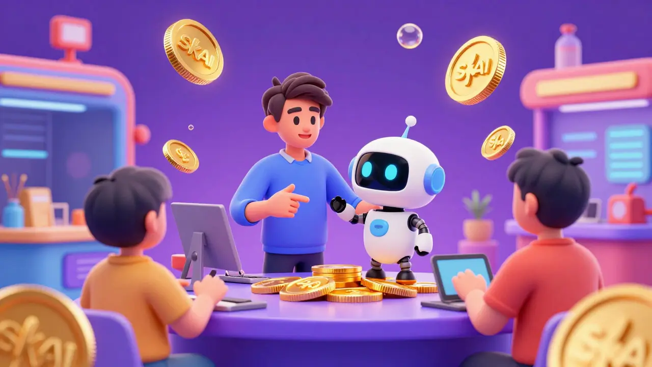 A vibrant digital marketplace with golden SKAI coins and small robot agents.
