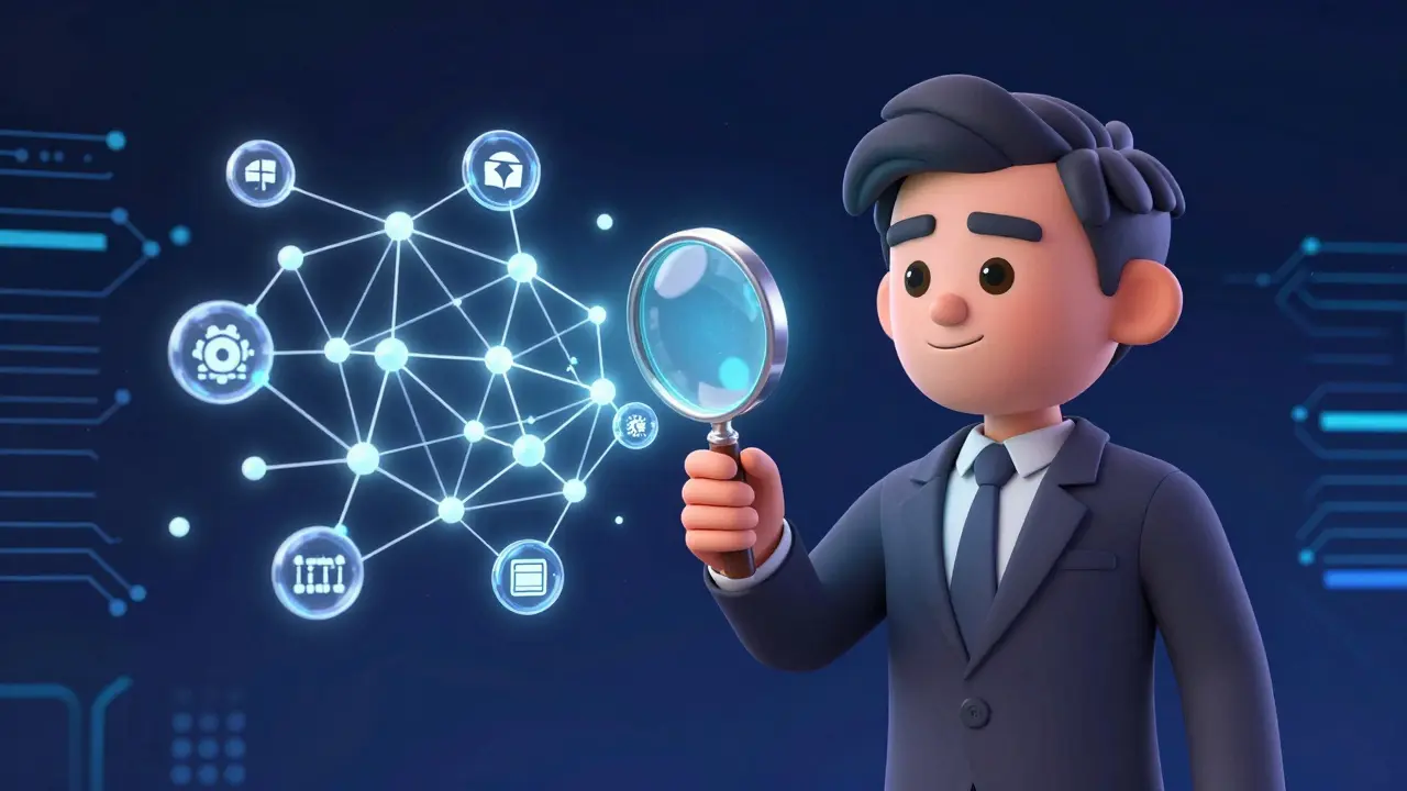 An official examining digital smart contracts and DeFi nodes with a glowing magnifying glass.