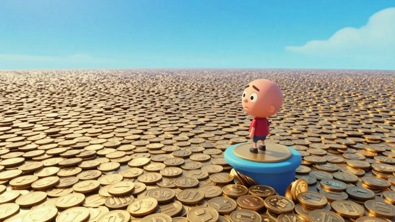 Character standing before a vast, endless ocean of gold coins
