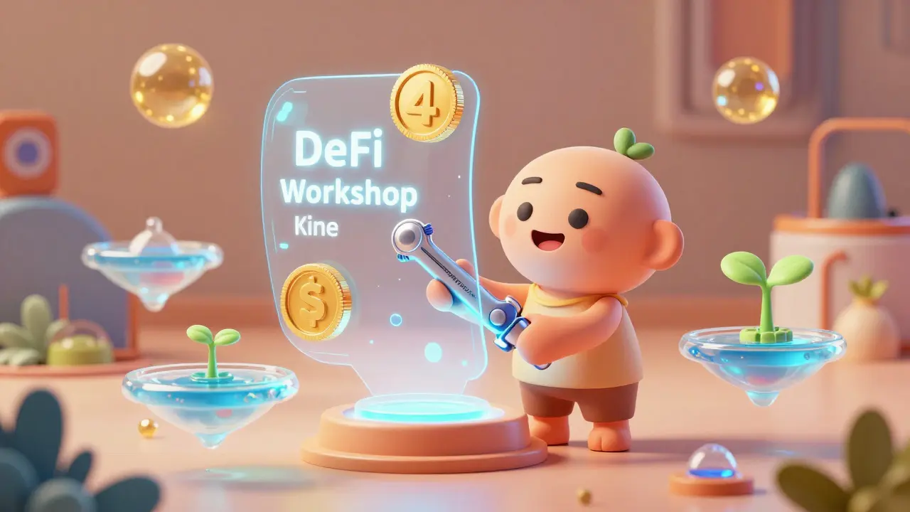 Character using a DeFi multi-tool amidst shimmering liquidity pools in a futuristic workshop.