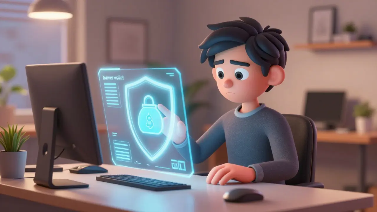 Character using a glowing shield to safely interact with a digital token via a burner wallet