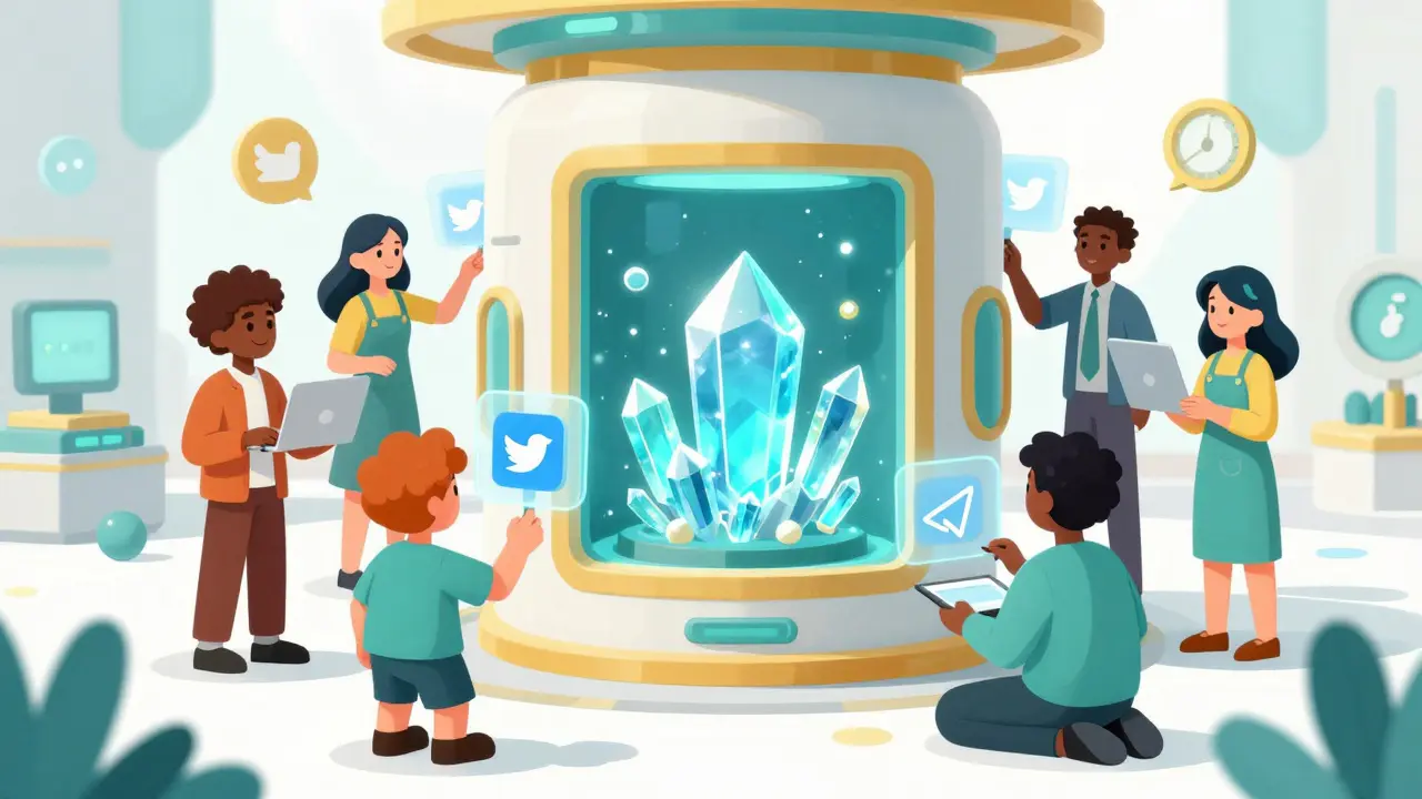 Characters interacting with social media icons and staking ether crystals in a futuristic hub.