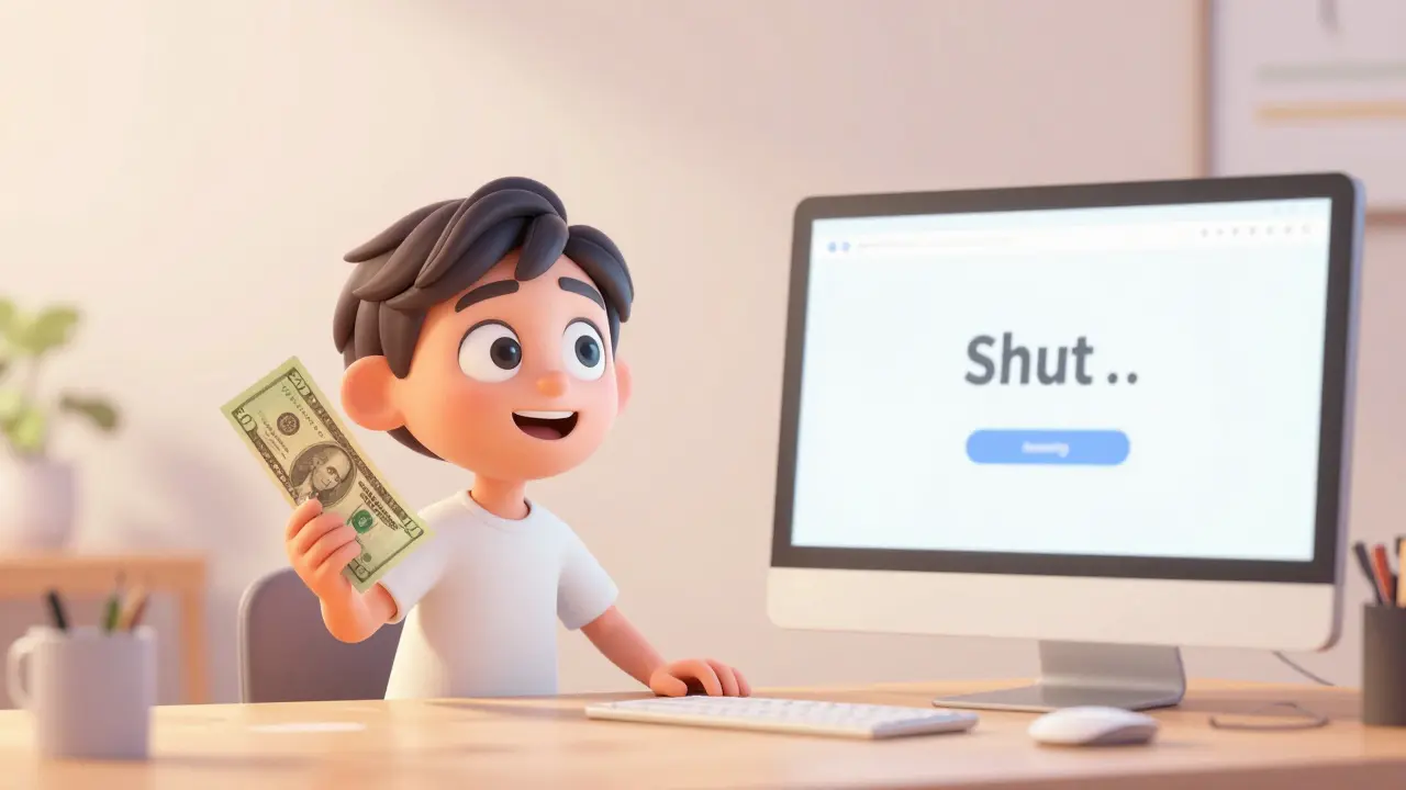 Cheerful person holding a 20 dollar bill in front of a simple computer screen