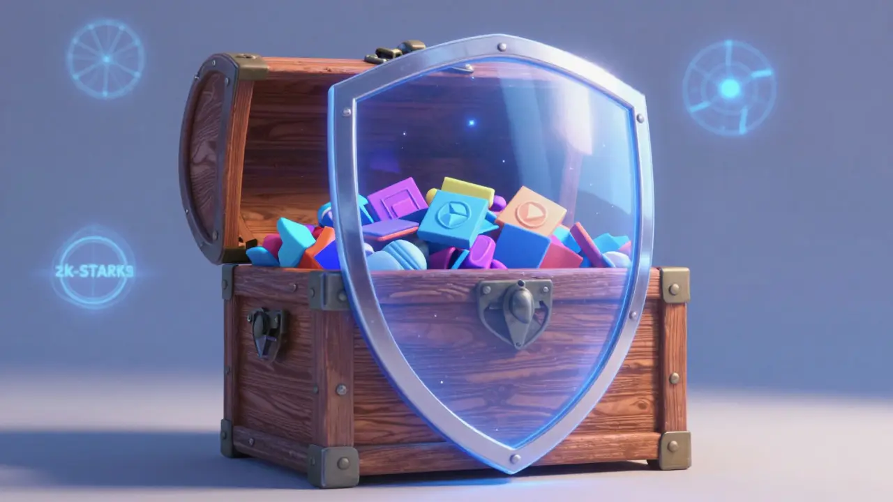 Crystal shield protecting treasure chest with glowing cryptographic patterns