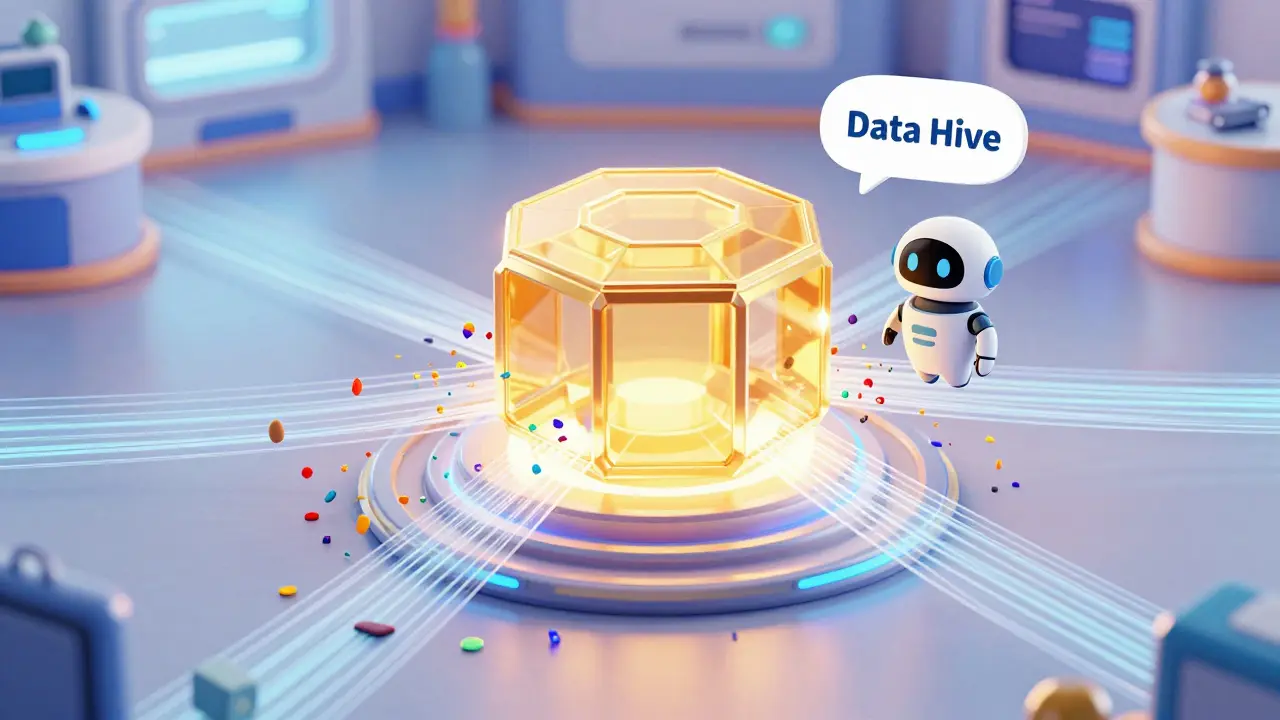 Friendly AI bot and a golden hexagonal hub organizing digital data streams in Pixar style.